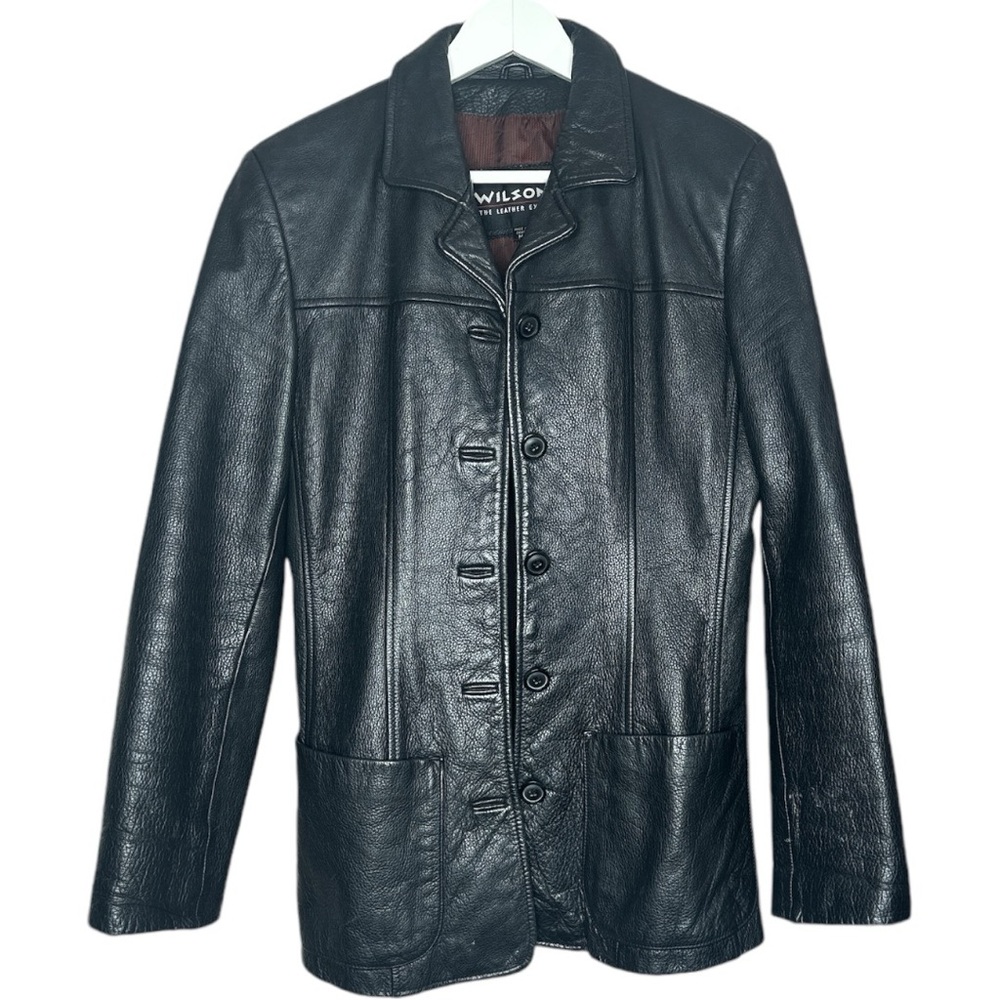 Wilsons Black Genuine Leather Blazer Button Jacket Sport Coat Vintage Y2K Medium